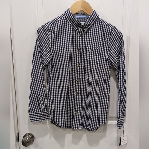 Vineyard Vines Navy Blue White Gingham Button Down Church Shirt Boy Size M 8 10 - Picture 2 of 6